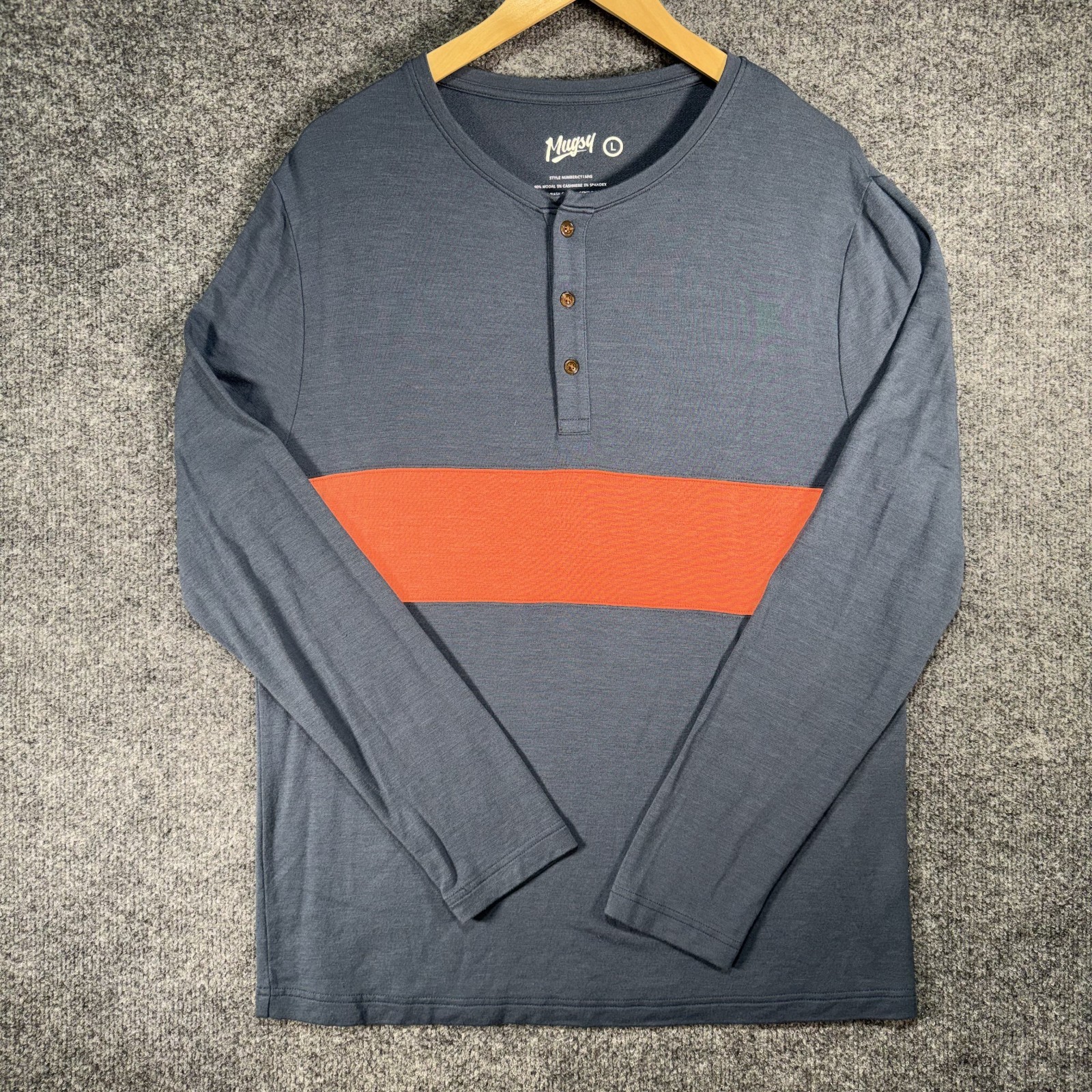 Mugsy Cashtech Henley Shirt Mens Large Blue Stripped Modal Cashmere Stretch Soft