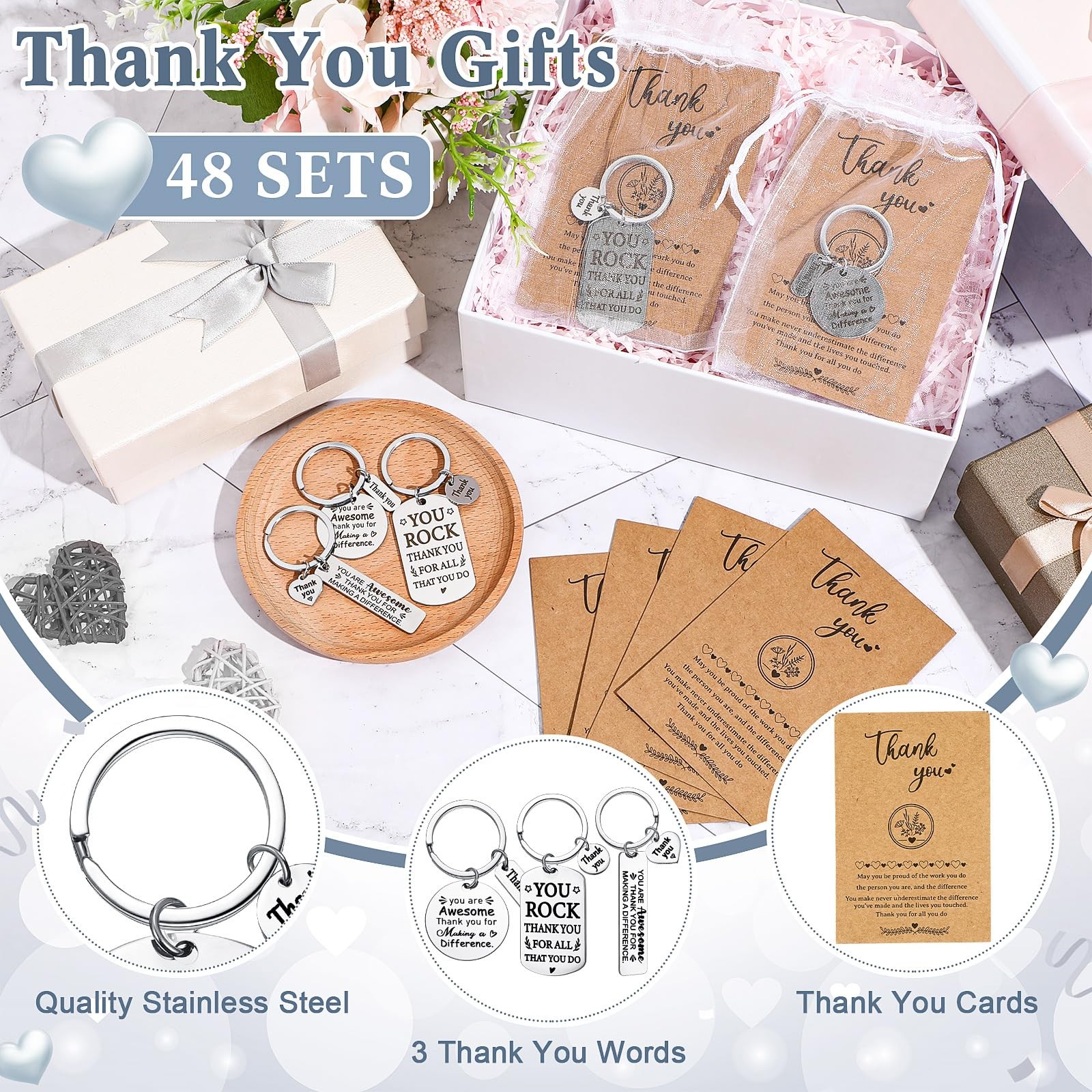 144 PCS Thank You Keychains, Bulk, Bags, Cards, Employee Appreciation Gift