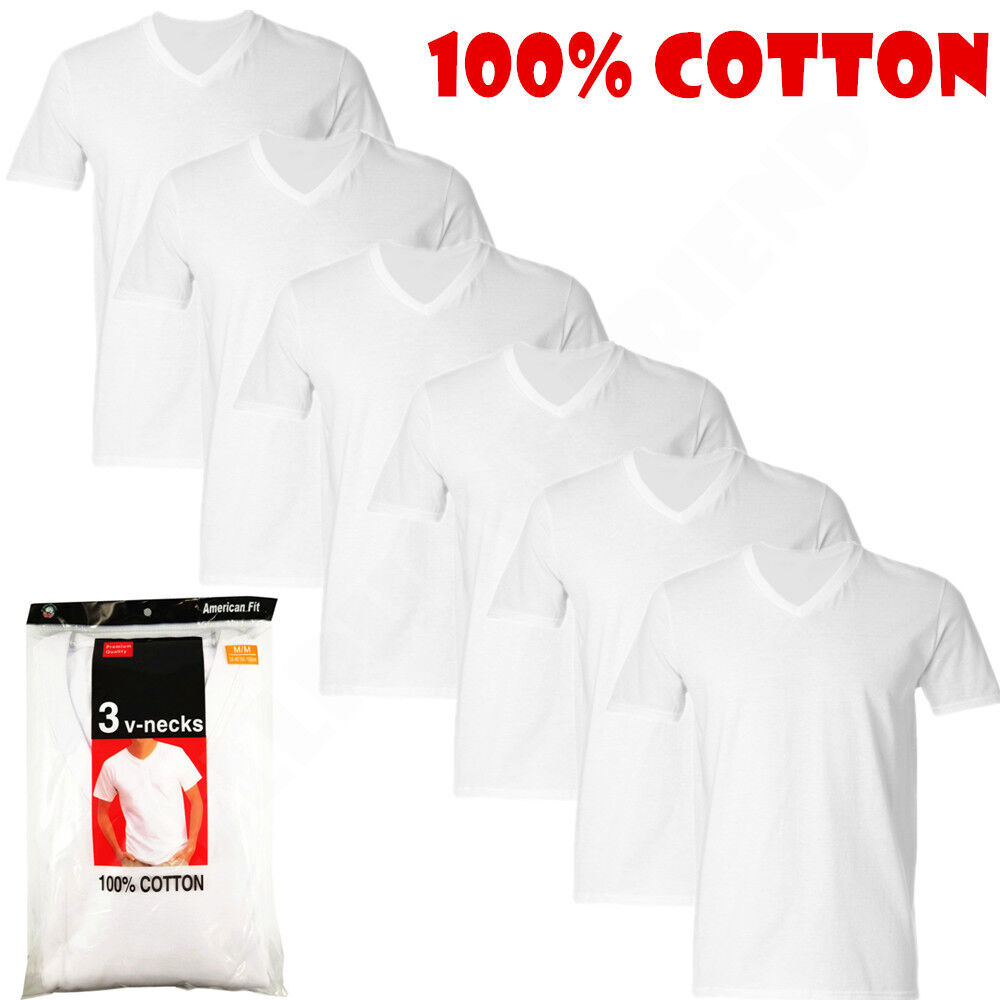 Men’s V-neck T-Shirt, White /Black 6 Pack “100% Cotton & Tagless”