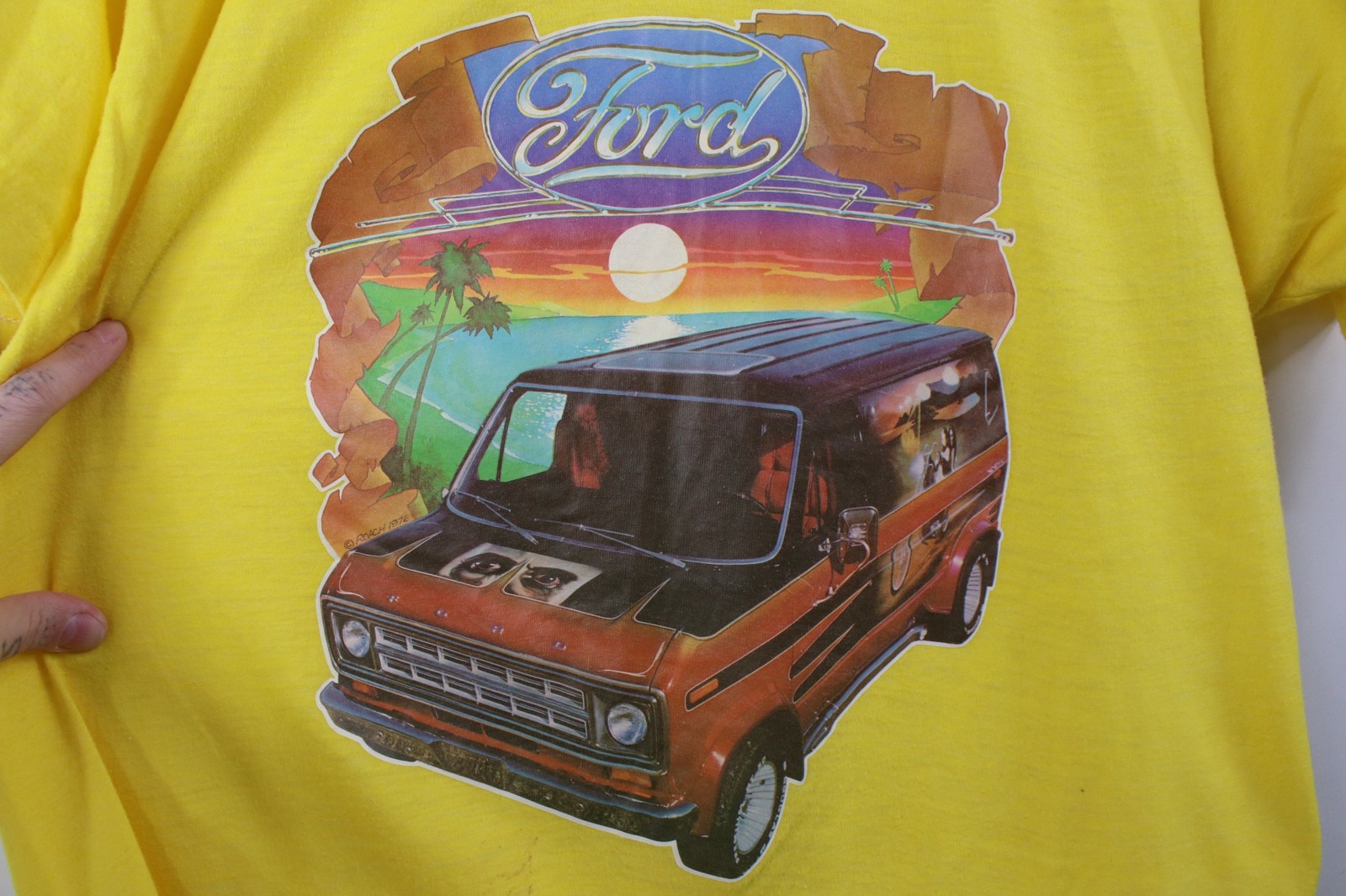 Vintage 70s Mens Medium Ford Motor Co Econoline Van Beach Sunset T-Shirt USA