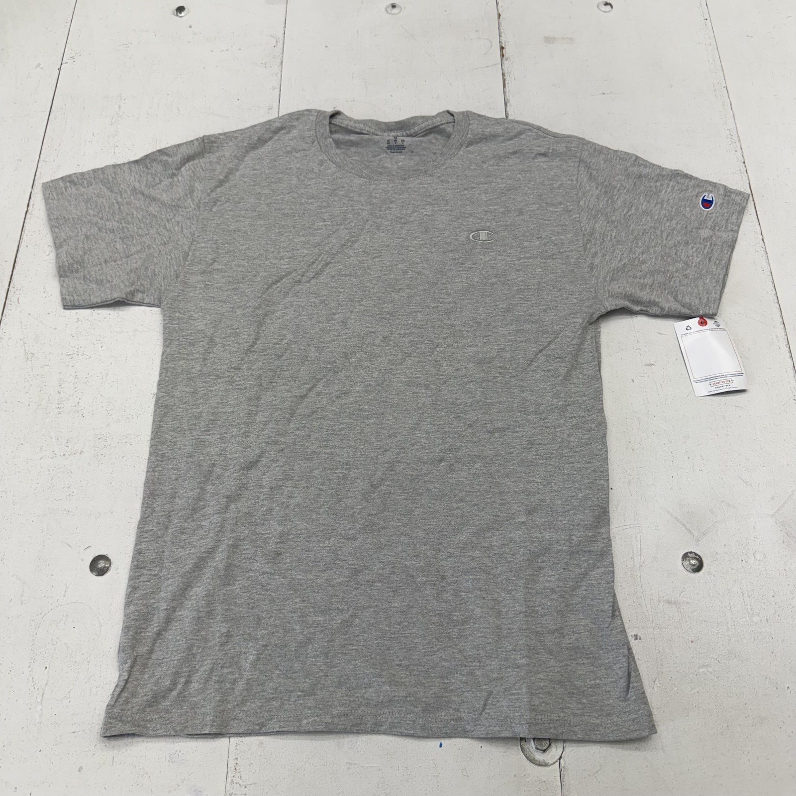 Champion Shirt Mens Medium Gray Solid Logo Tee Tagless Cotton Blend Jersey