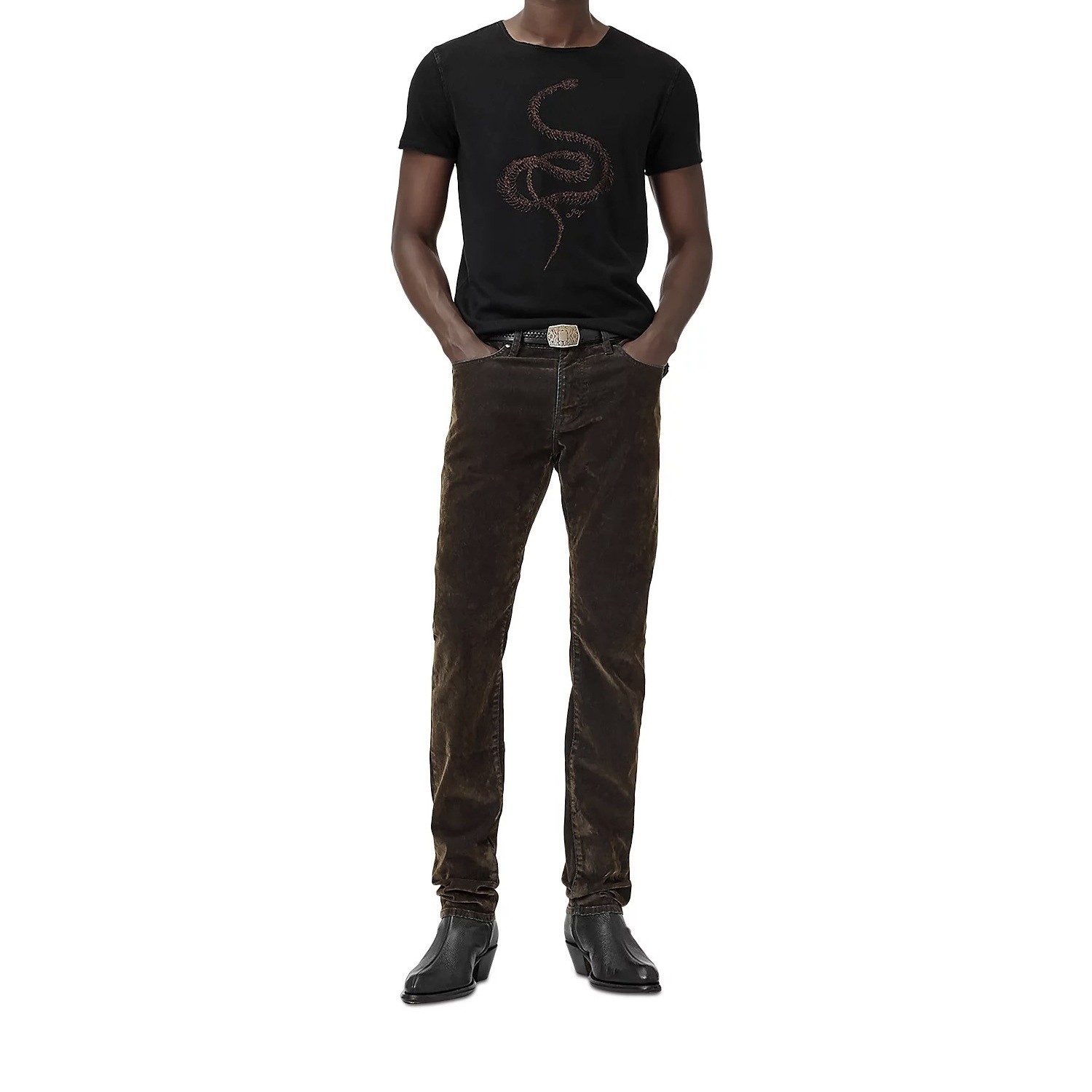 John Varvatos Men’s Metallic Coiled Snake Embroidered Graphic Crew T-Shirt Black